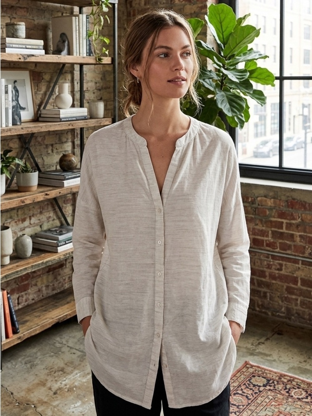 Loft Light Beige Button-Front  lounge shirt women’s size large